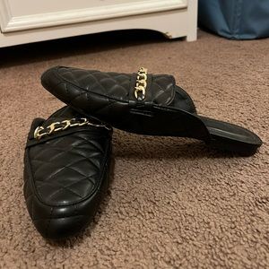 Black Faux leather quilted flats with gold chain